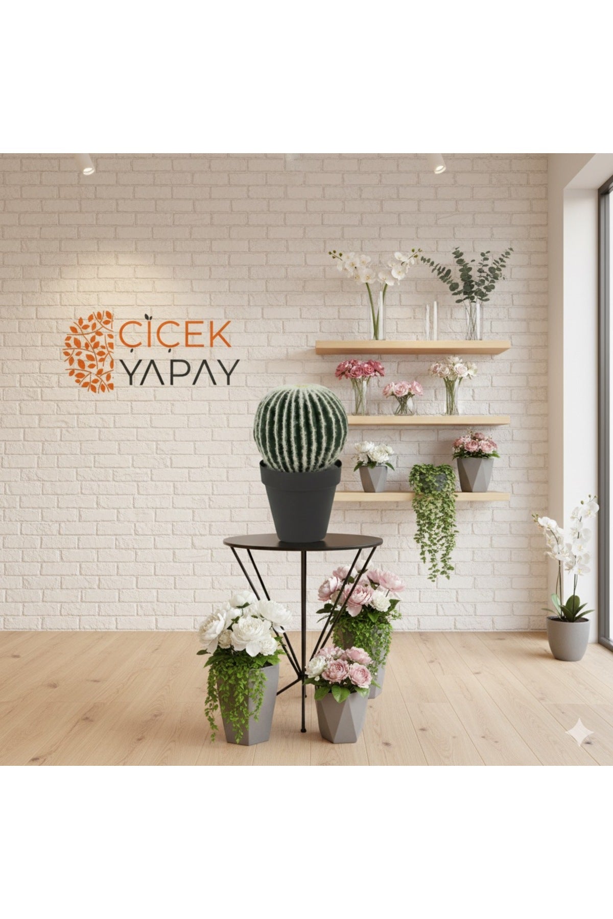 40 cm Yapay Yuvarlak Kaktüs - Büyük Boy Gerçekçi Masaüstü Dekoru - Bakım Gerektirmez