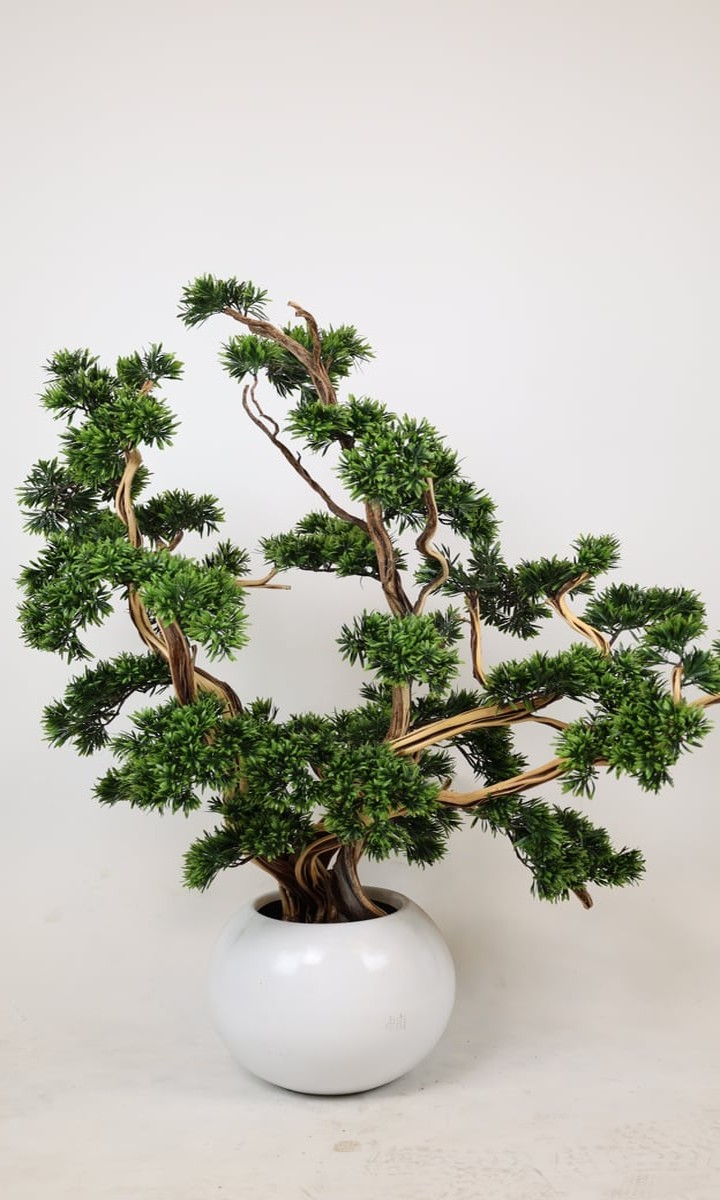 Beyaz Küre Seramik Saksıda Dekoratif Yapay Sedir Bonsai Ağacı – 95 cm - Görsel 1