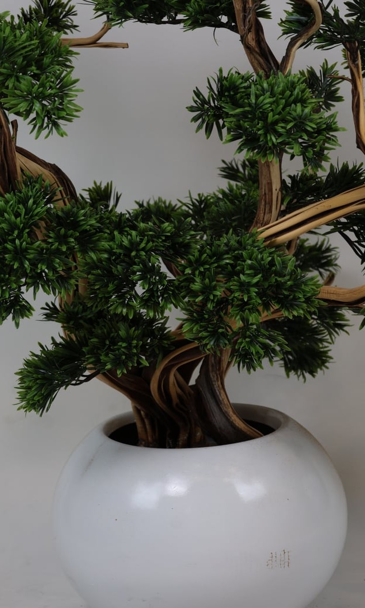 Beyaz Küre Seramik Saksıda Dekoratif Yapay Sedir Bonsai Ağacı – 95 cm - Görsel 2